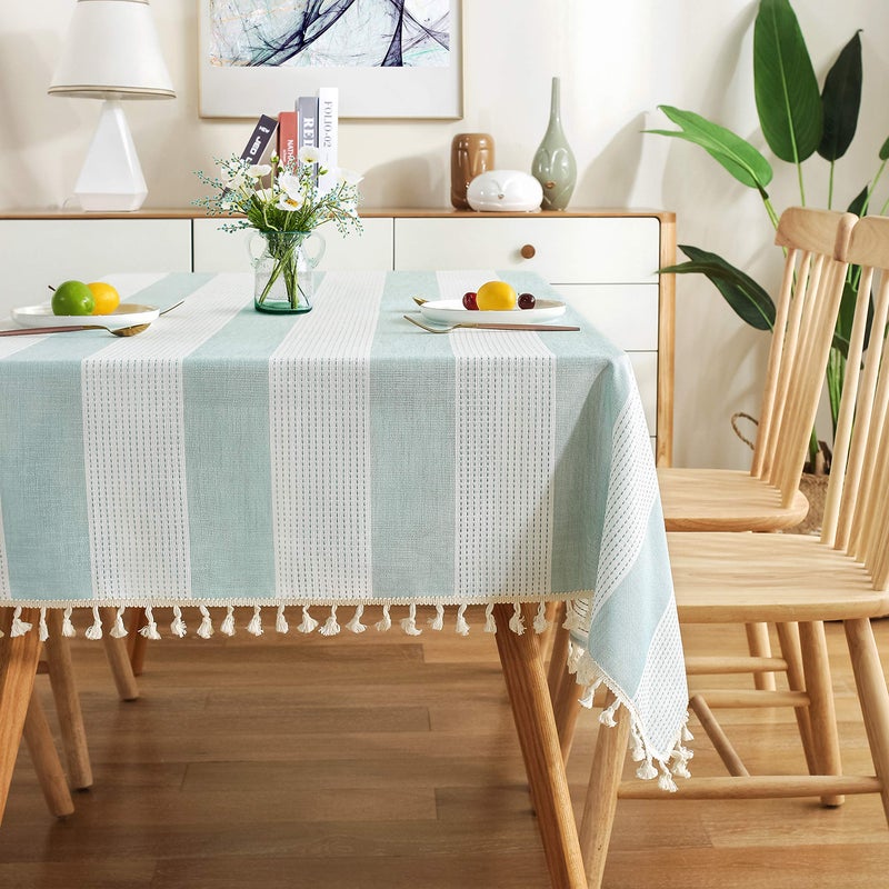 AmHoo Stitching Tassel Tablecloth Striped Table Cloth Rectangle Cotton Linen Dust-Proof Table Cover for Kitchen Dinning 54 x 54 Inch Teal - Image 1